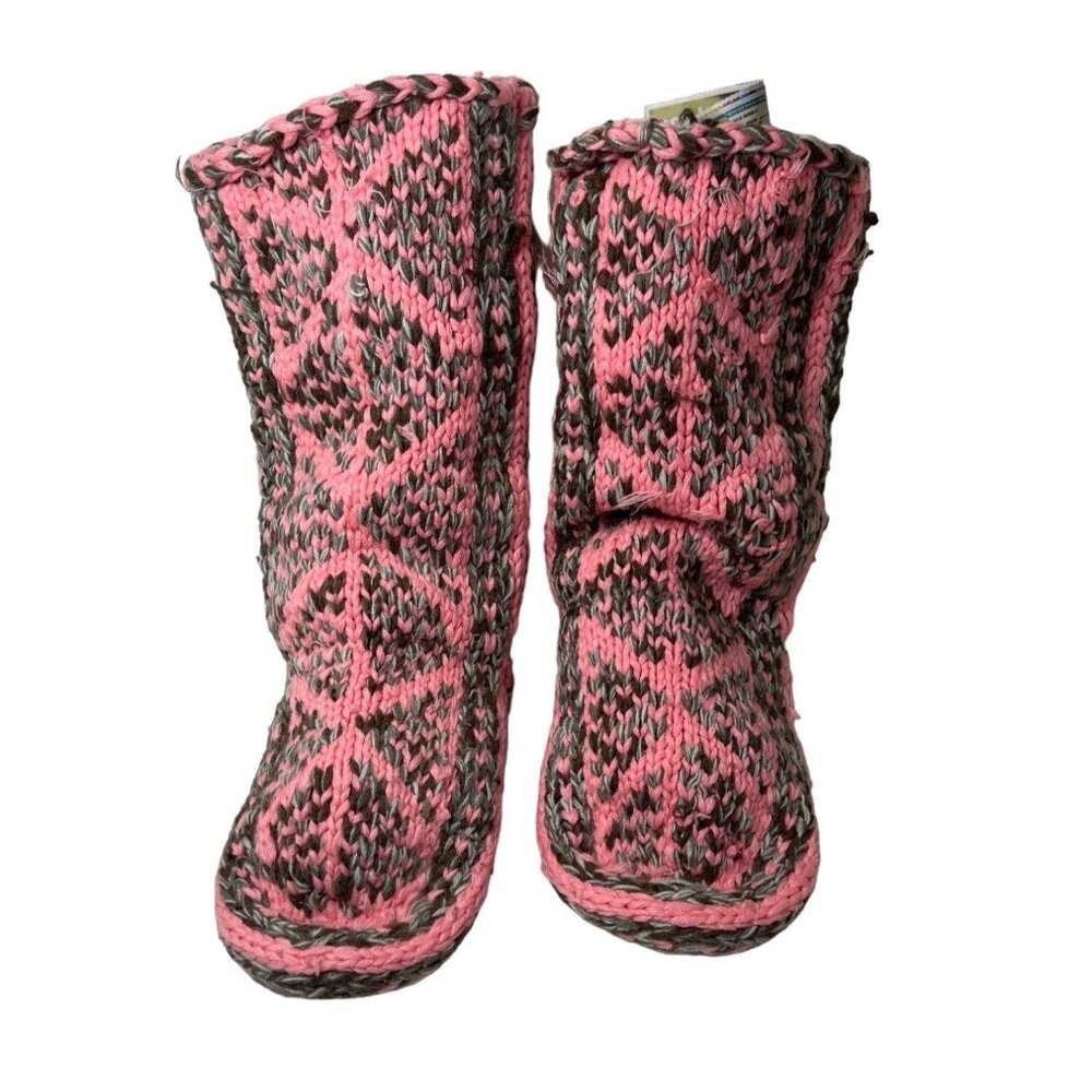 Handmade Pink and Gray Knitted Slippers High Calf 17d